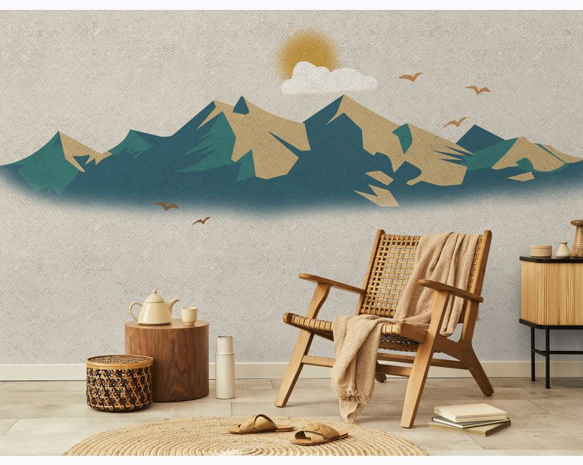 Mountain Sunrise Landscape and Old Plaid Texture Wallpaper Mural main product photo