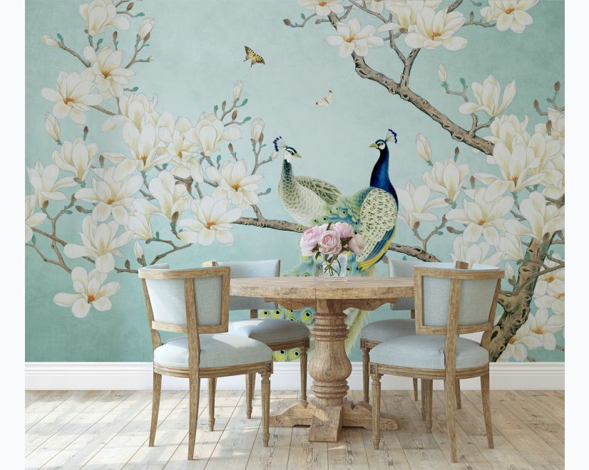 Peacock with Magnolia Blossom Wallpaper Mural main product photo