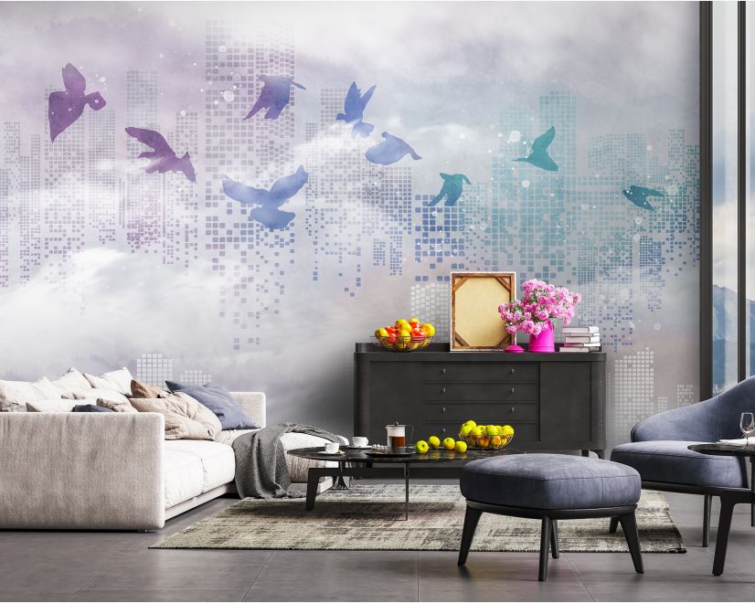Abstract City with Purple Birds Wallpaper Mural main product photo