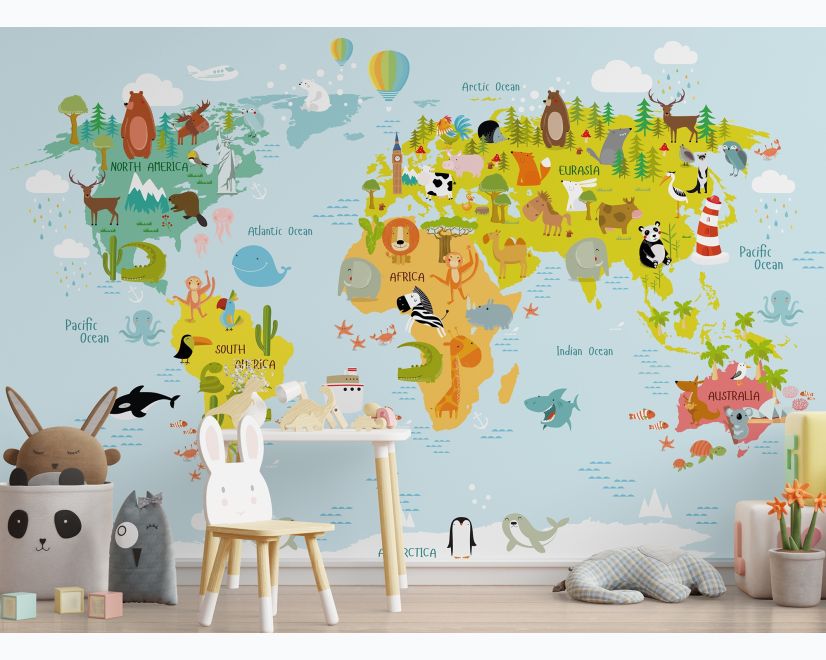 Kids World Map with Animals Wallpaper Mural main product photo