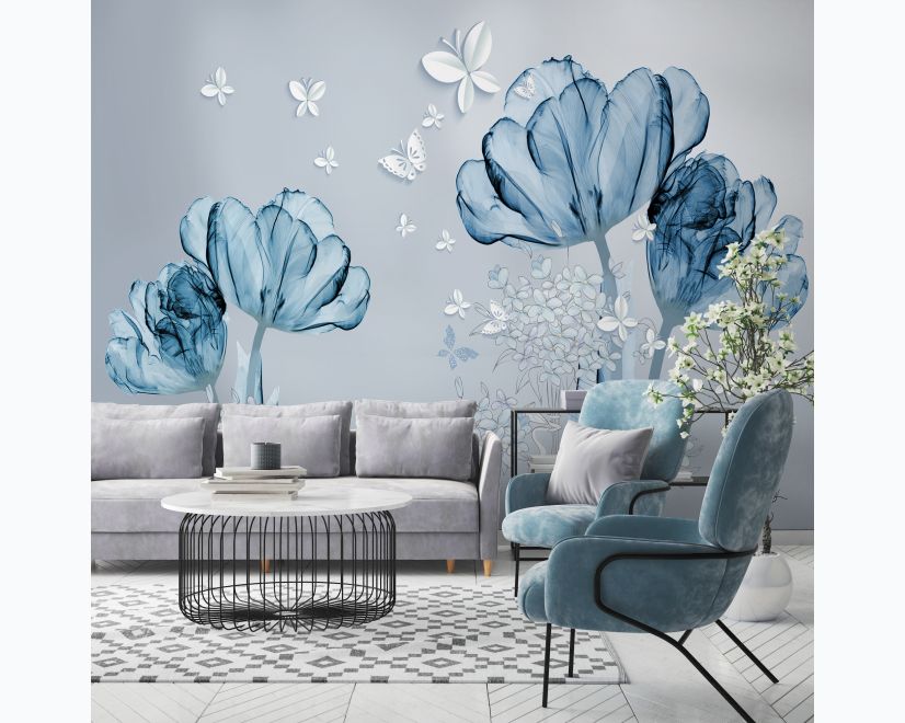 Blue Transparent Floral and White Butterflies Wallpaper Mural main product photo