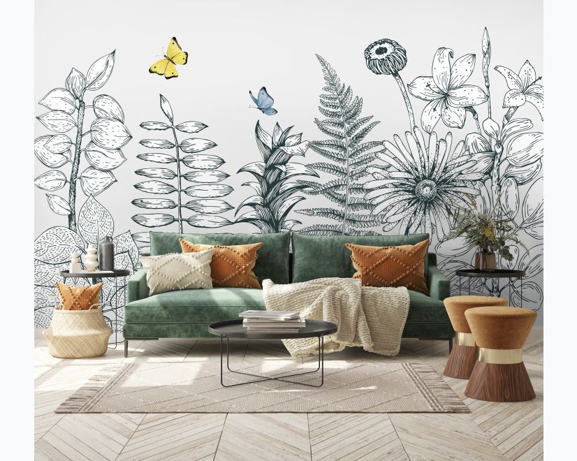 Charcoal Leaf and Flower Wallpaper Mural main product photo
