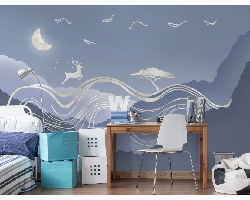 Watercolor Abstract Lines and Horned Deer Wallpaper Mural main product photo