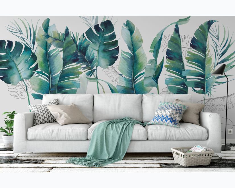 Monochrome Green Banana Leaf Wallpaper Mural main product photo