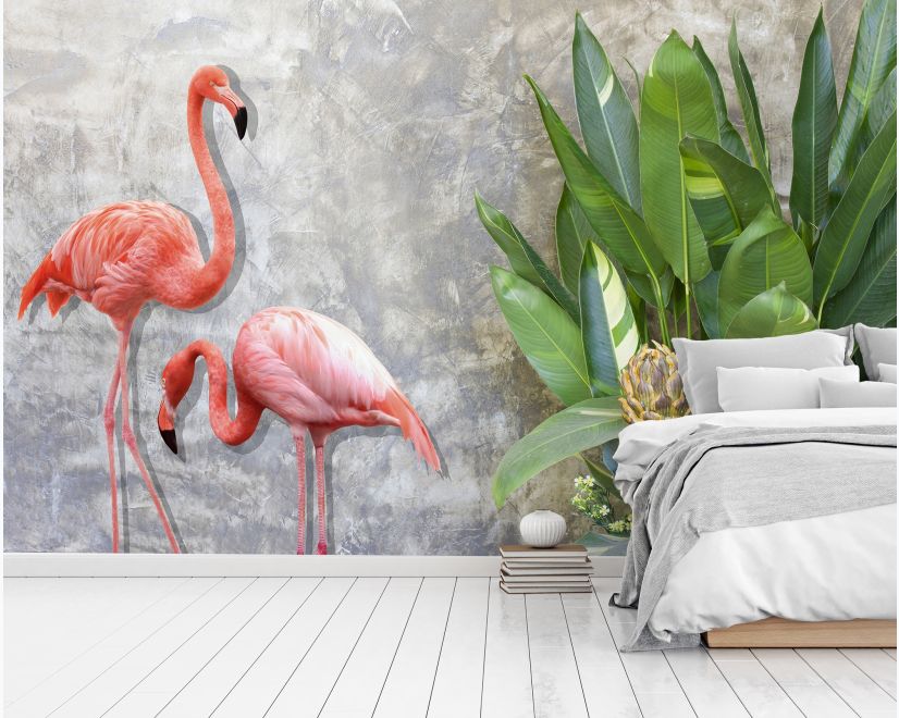 3D Look Pink Flamingo with Tropical Leaves Wallpaper Mural main product photo