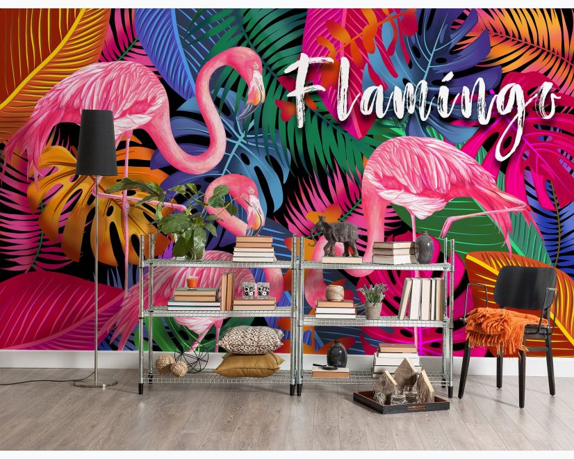 Pink Flamingo with Colorful Leaf Wallpaper Mural main product photo