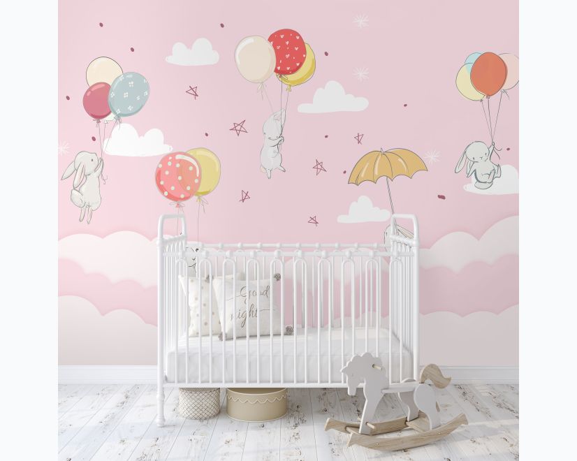 Rabbits with Air Balloon Wallpaper Mural main product photo