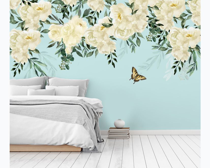 White Flowers and Yellow Butterfly Wallpaper Mural main product photo