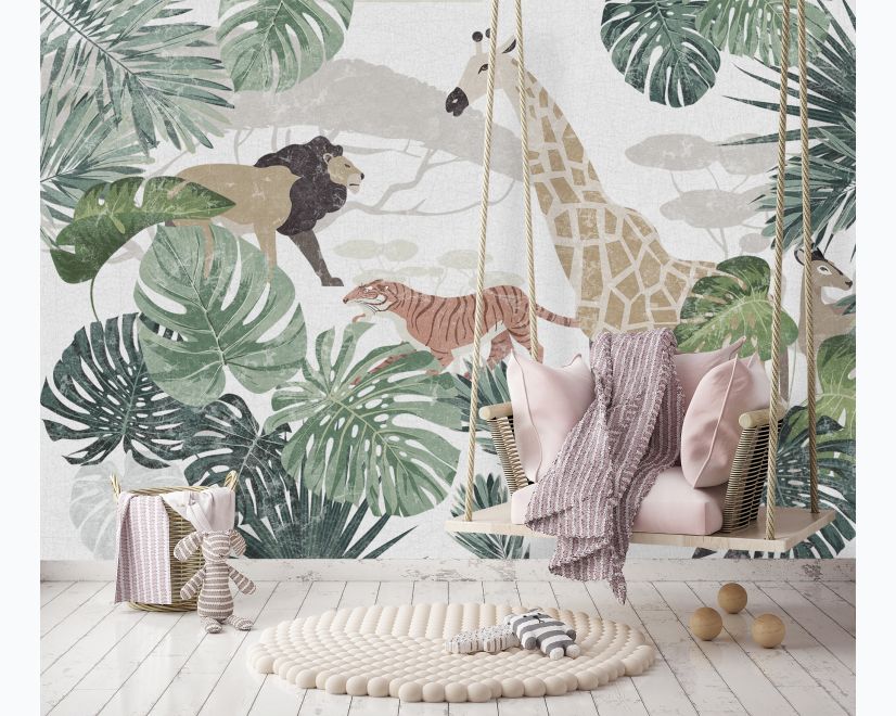 Retro Wild Animals with Tropical Leaves Wallpaper Mural main product photo