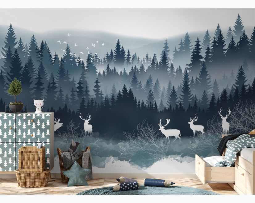 Misty Forest Landscape and Horned Deer Wallpaper Mural main product photo