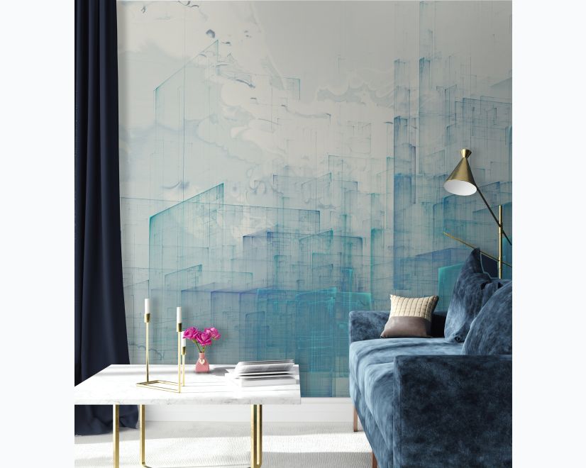 Abstract Blue Monochrome City Landscape Wallpaper Mural main product photo