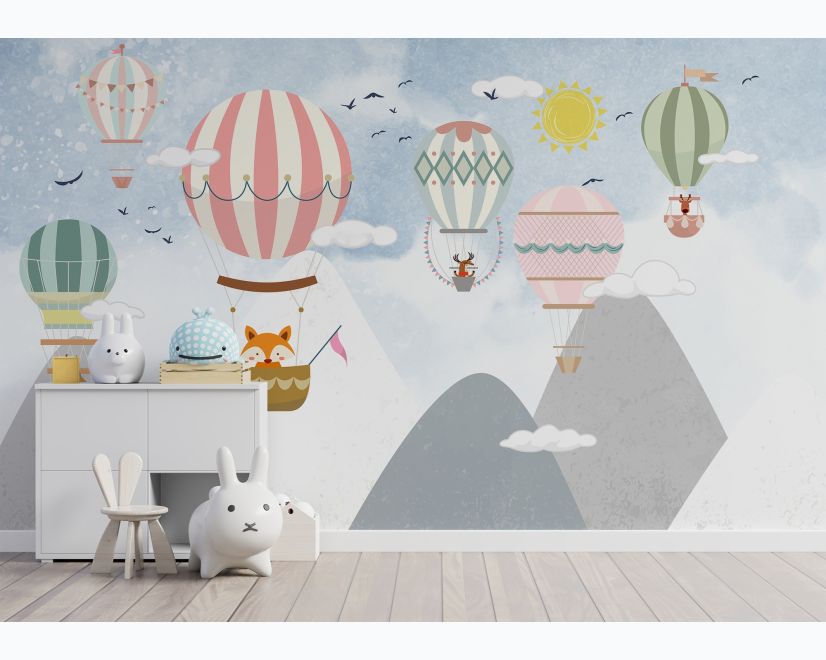 Kids Cartoon Mountain Landscape and Hot Air Balloon Wallpaper Mural main product photo