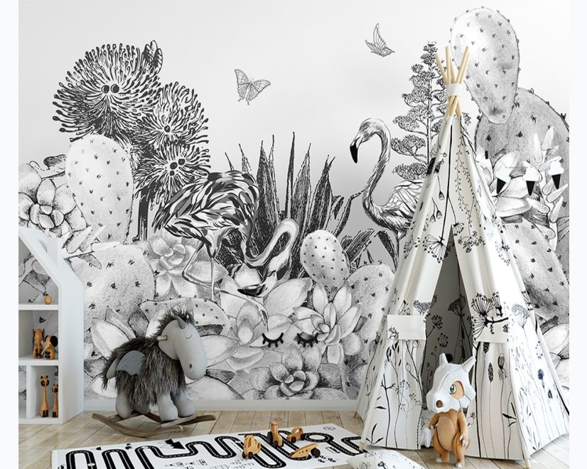 Monochrome Cactus Floral with Flamingo Drawing Wallpaper Mural main product photo