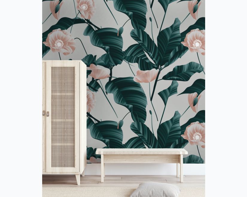 Pink Flower and Leaves Wallpaper Mural main product photo