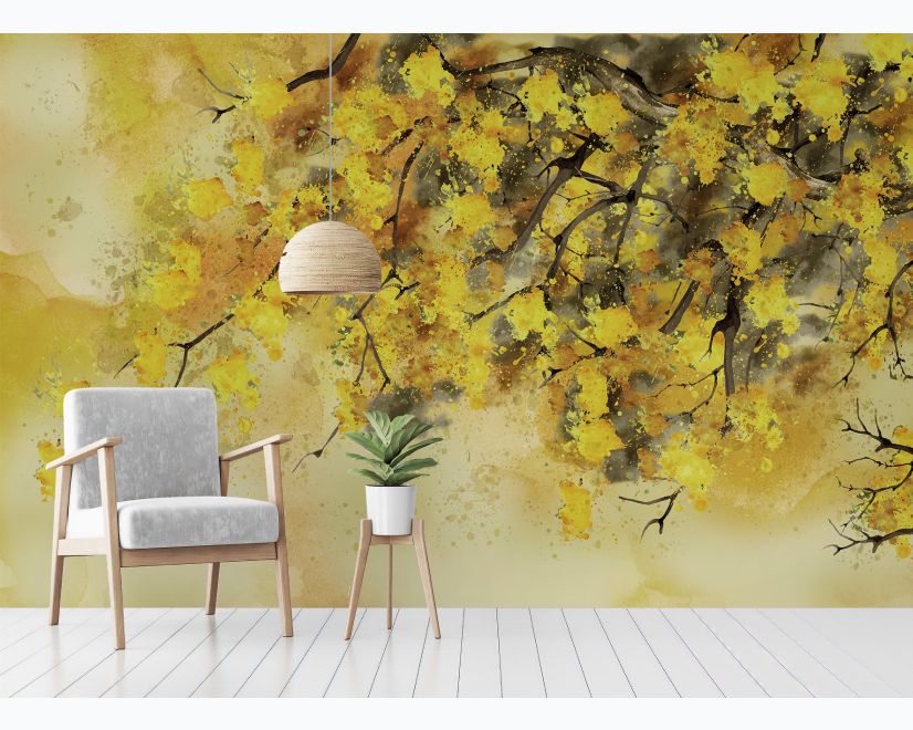 Watercolor Yellow Tree Landscape Wallpaper Mural main product photo