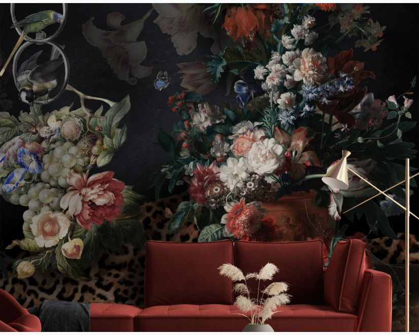 Dark Dutch Floral Bouquet with Birds Wallpaper Mural main product photo