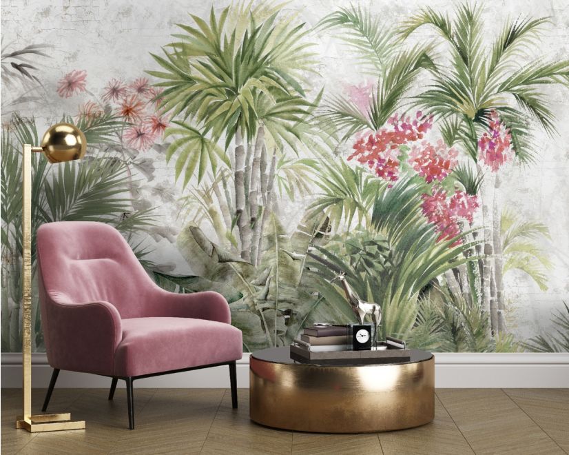 Watercolor Tropical Leaf and Flowers Wallpaper Mural main product photo