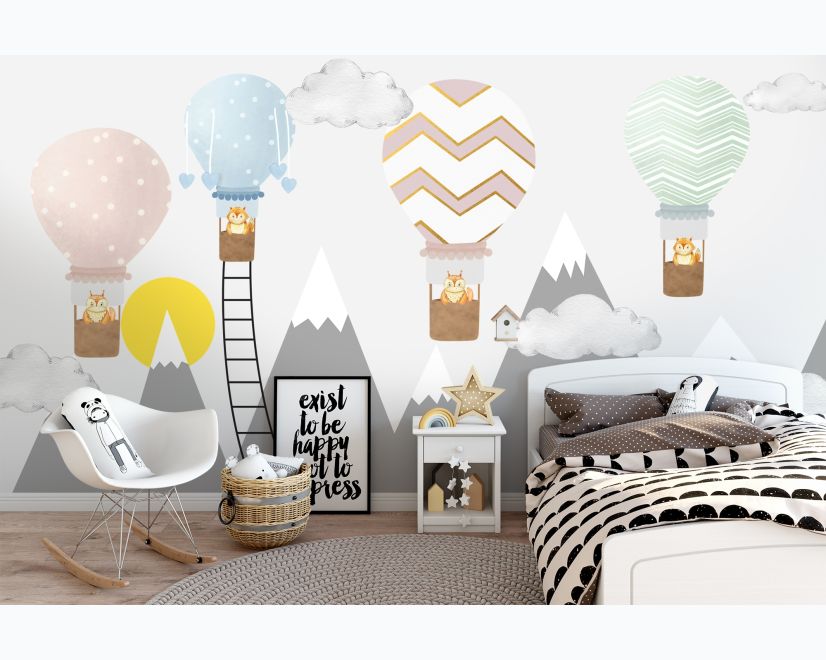 Kids Gray Mountain and Colorful Hot Air Balloon Wallpaper Mural main product photo