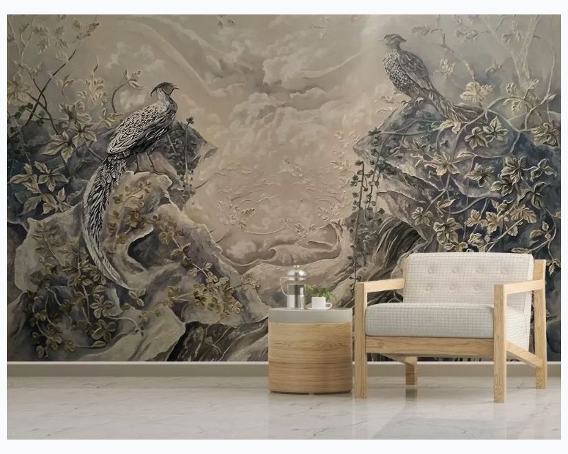 3D Embossed Look Brown Landscape and Birds Wallpaper Mural main product photo