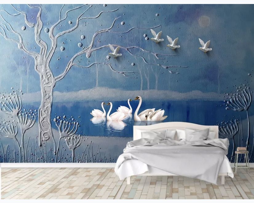 3D Embossed Look Swans and Lake Landscape Wallpaper Mural main product photo