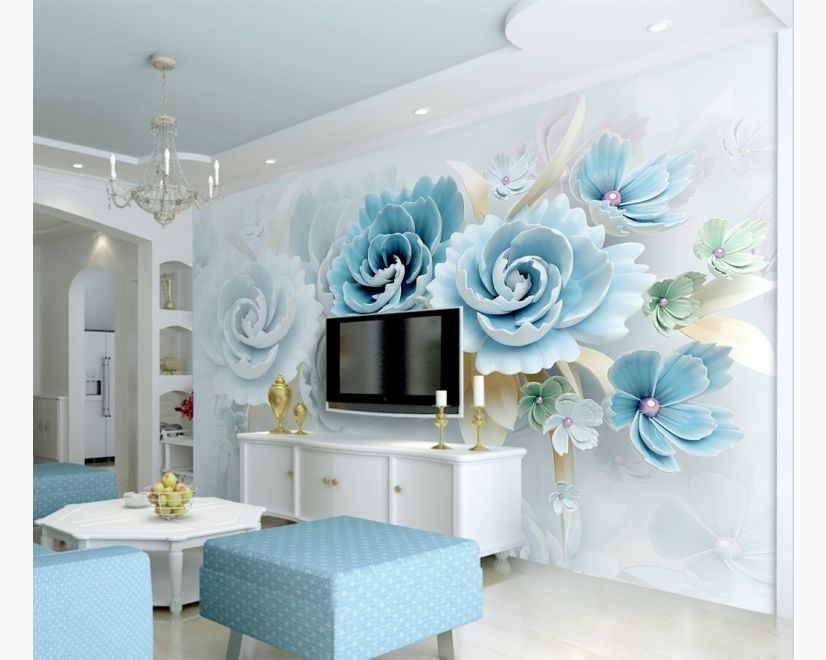 European Style 3D Look Blue Green Floral Wallpaper Mural main product photo