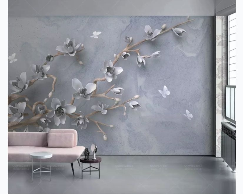 3D Embossed Look Magnolia Blossom and Butterfly Wallpaper Mural main product photo