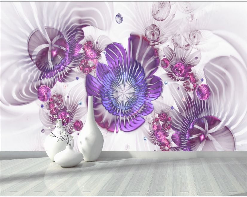 3D Look Violet Floral with Abstract Fractal Wallpaper Mural main product photo