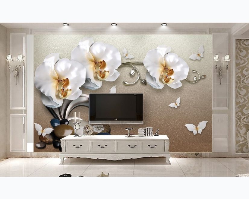 3D Look Orchid Floral with Pebble Wallpaper Mural main product photo