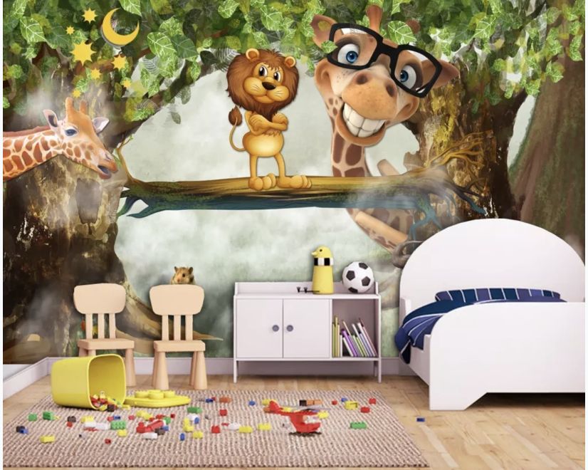 3D Look Cartoon Giraffe and King Lion Wallpaper Mural main product photo
