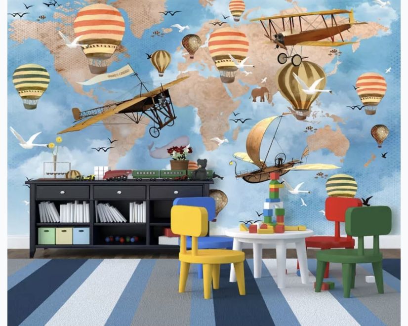 3D Look Kids World Map with Hot Air Balloon Wallpaper Mural main product photo