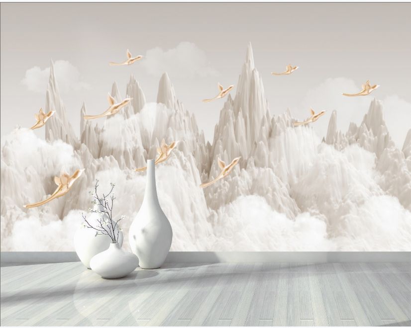 3D Look White Mountain and Cloud Landscape with Birds Wallpaper Mural main product photo