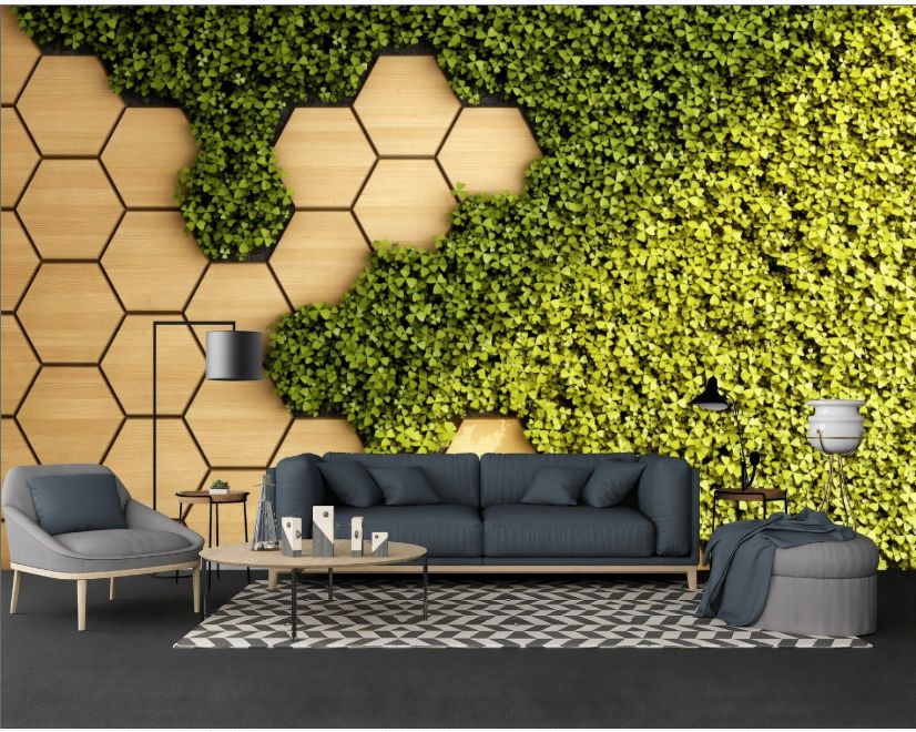 3D Look Honeycomb Pattern and Fresh Grass Wallpaper Mural main product photo