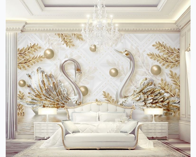 3D Look Swan and Leaf with Water Pattern Wallpaper Mural main product photo