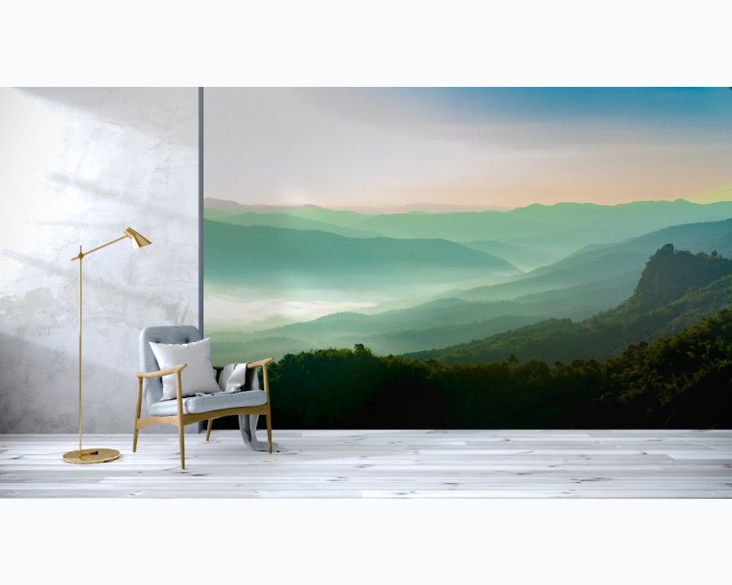 Misty Mountain Green Forest Scenic Wallpaper Mural main product photo