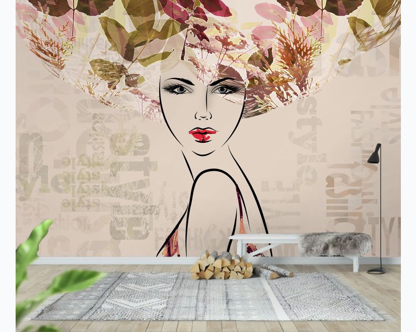Woman Face Art with Winter Leaf Wallpaper Mural main product photo