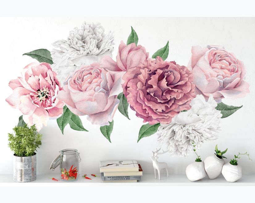 Watercolor Pink and White Peony Floral Bouqet with Rosebud Wall Decal Sticker main product photo