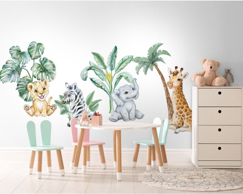 Kids Cute Safari Animal with Tropical Trees Wall Decal Sticker main product photo