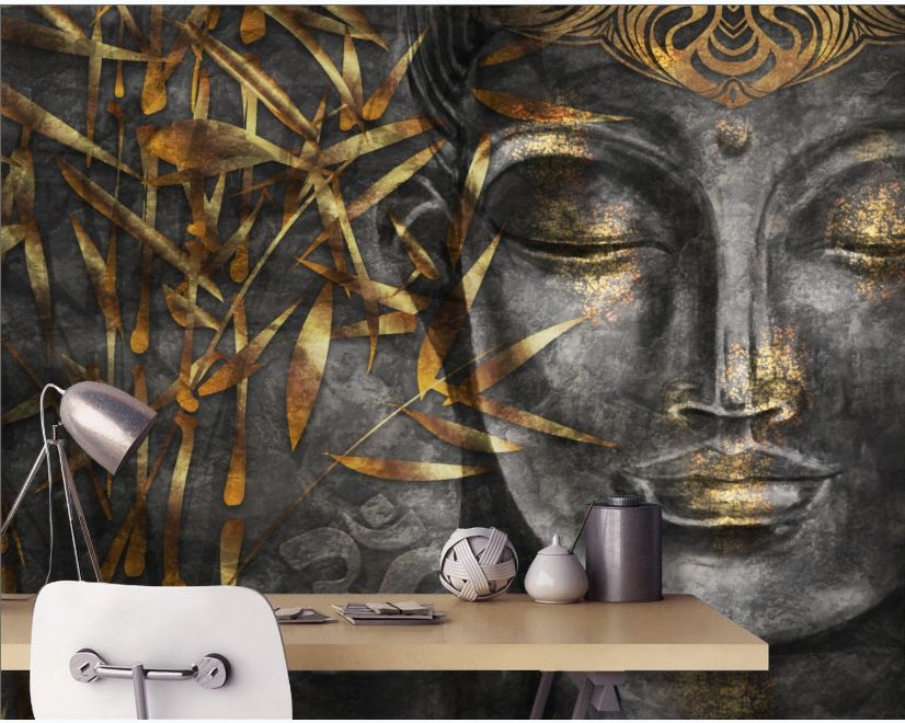 3D Look Concrete Buddha and Gold Style Leaves Wallpaper Mural main product photo
