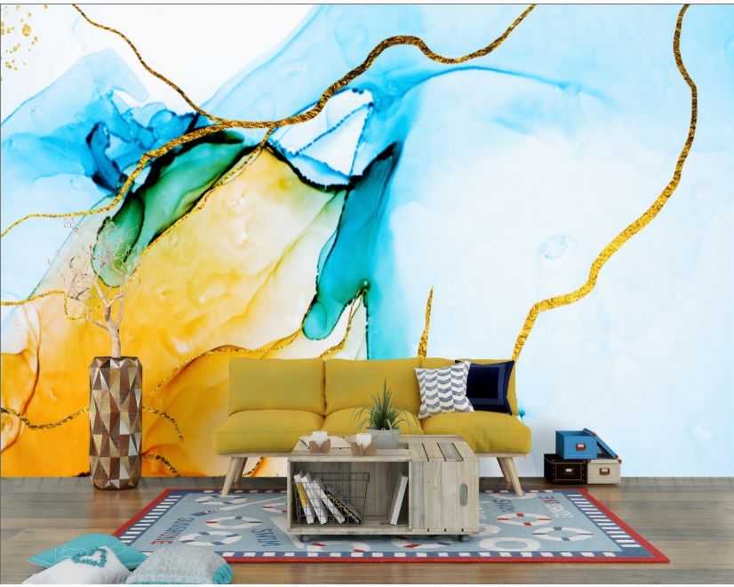 Blue Yellow Watercolor Brush with Modern Lines Wallpaper Mural main product photo