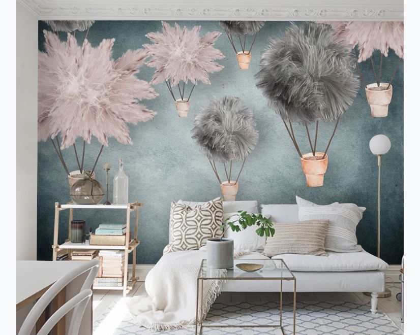 Gray Pink Feather Hot Air Balloon Wallpaper Mural main product photo