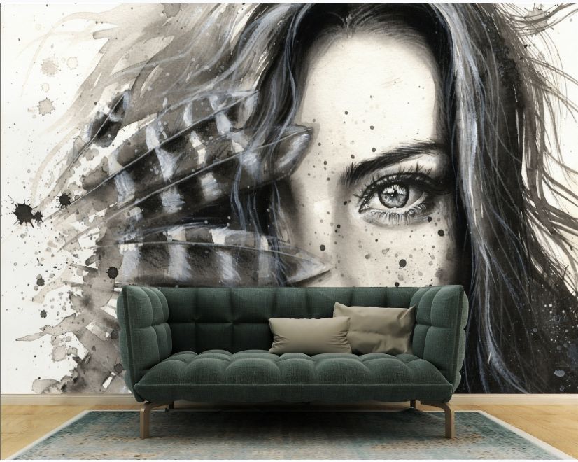 Monochrome Portrait Girl with Black Feathers Wallpaper Mural main product photo
