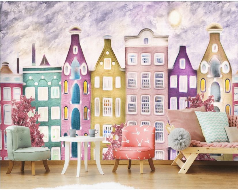 Dutch Style Colorful Houses and Red Trees Wallpaper Mural for Kids main product photo