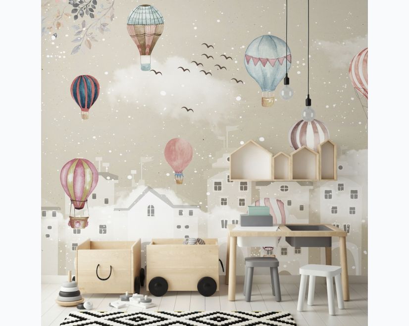 Kids Nursery Cartoon Winter and Little Hot Air Balloon Wallpaper Mural main product photo