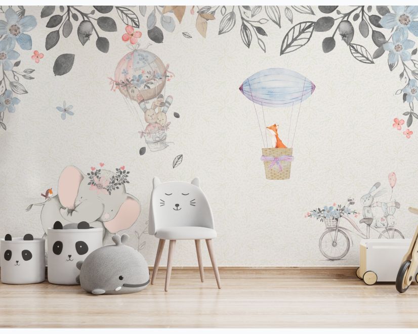 Baby Elephant with Hot air Balloons Wallpaper Mural main product photo