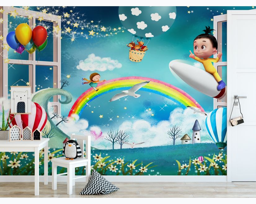 Cartoon Boo Monsters and Hot Air Balloon Wallpaper Mural main product photo