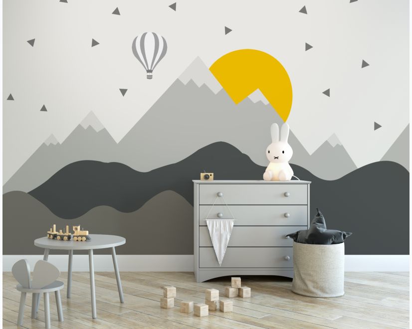 Kids Gray Geometric Mountainscape and Hot Air Balloon Wallpaper Mural main product photo