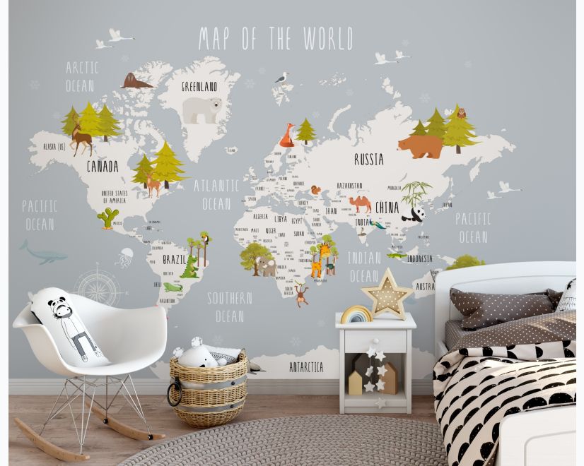Kids World Map with Cartoon Animals Wallpaper Mural main product photo