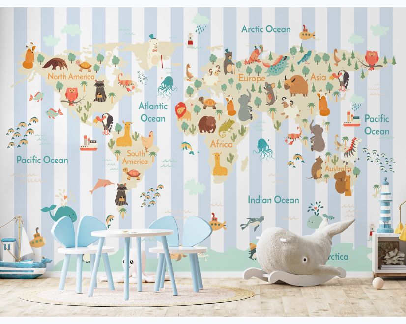 Kids Animals World Map with Stripe Pattern Wallpaper Mural main product photo
