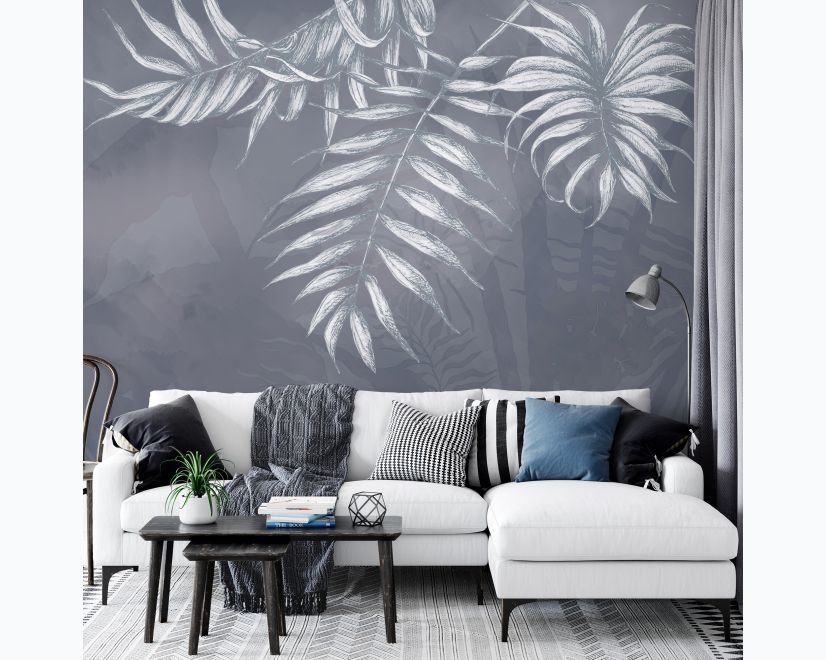 White Tropical Leafy Wallpaper Mural main product photo