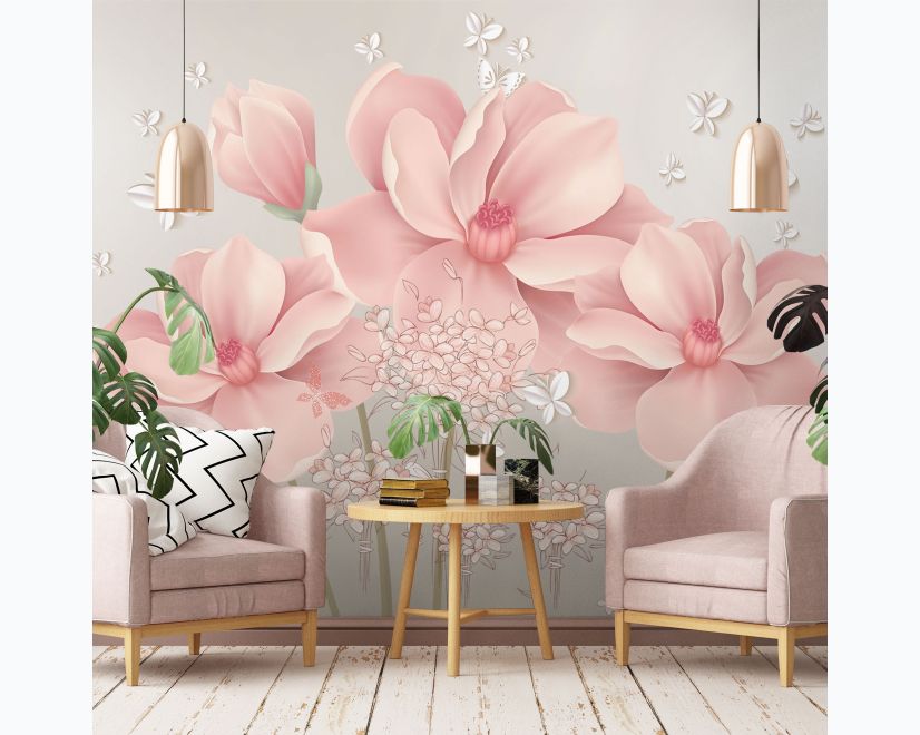 Pink Hdrangea Floral with Little Butterfly Wallpaper Mural main product photo
